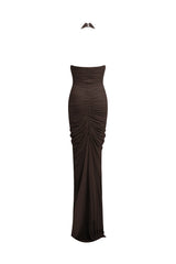 Opal Wood Long Dress by Maygel Coronel, ruched halter maxi dress with open back and sculptural draped silhouette.