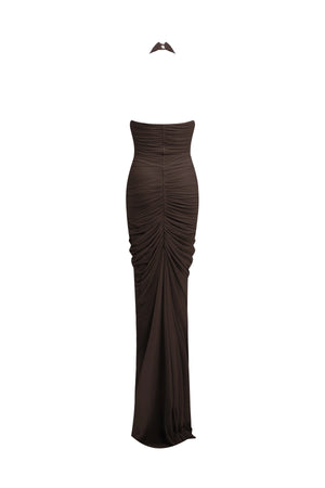 Opal Wood Long Dress by Maygel Coronel, ruched halter maxi dress with open back and sculptural draped silhouette.