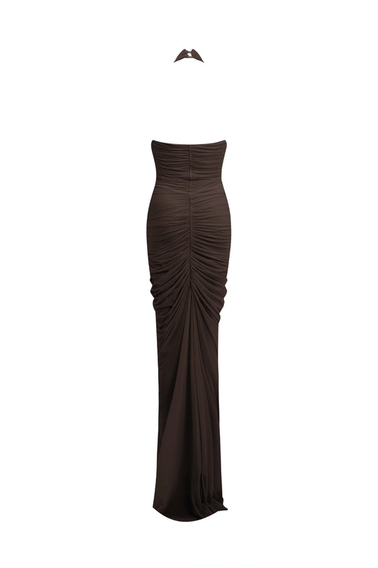 Opal Wood Long Dress by Maygel Coronel, ruched halter maxi dress with open back and sculptural draped silhouette.