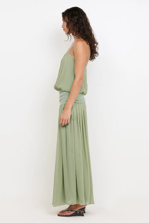 Camille Blouson Dress by Bec + Bridge — pistachio georgette maxi dress with gathered neckline, mesh waist panel and front split.