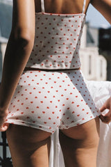 Hugo Short by KATH The Label, ribbed cotton boy-leg brief with red heart print and bows. No returns on bottoms. Perfect for lounging.