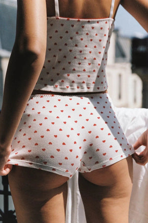 Hugo Short by KATH The Label, ribbed cotton boy-leg brief with red heart print and bows. No returns on bottoms. Perfect for lounging.