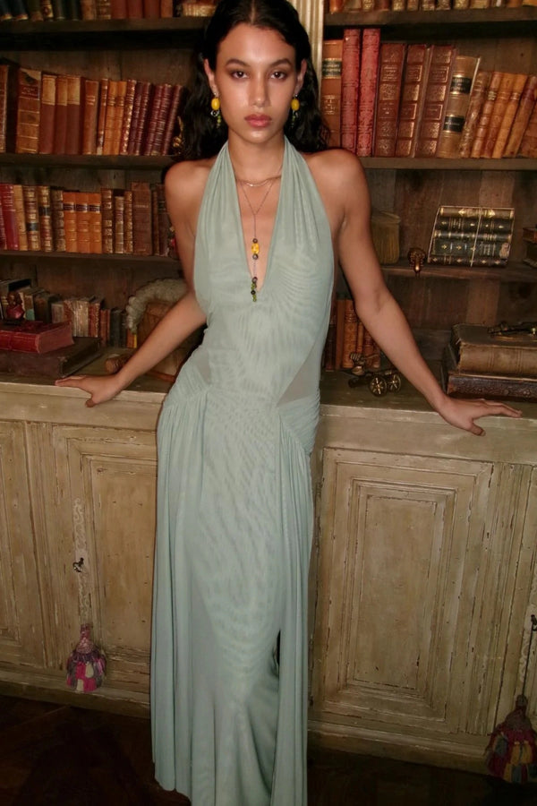 Juniper Halter Maxi Dress by Bec and Bridge, pistachio mesh maxi with sheer waist cut-outs and sculpted drape.