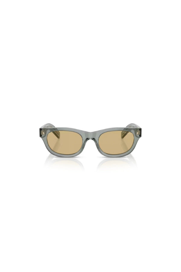 Transparent Fog Sunglasses by Prada, translucent frame with silver rivets and plaque logo. A refined everyday style with luxe detailing.