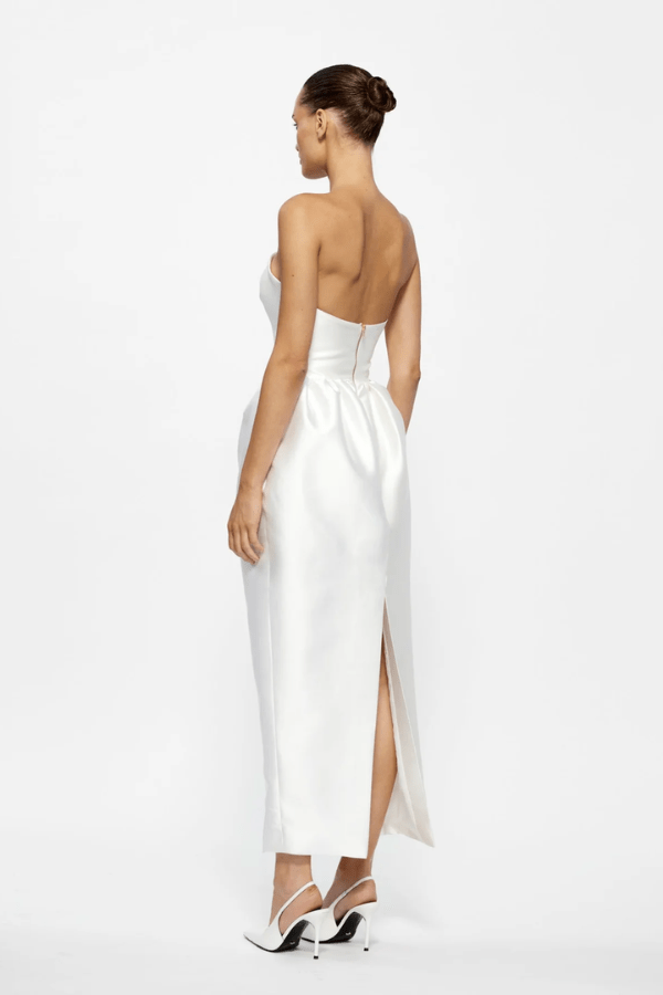 Lilia Dress Ivory by Effie Kats – Elegant strapless Mikado Satin midi with sculpted neckline and ruched voluminous skirt, perfect for sophisticated evening and formal occasions.