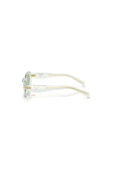 PR 26ZS Transparent Mint W/ Green by Prada, bold irregular acetate frames with green lenses and iconic logo, perfect for trendy, fashion-forward looks