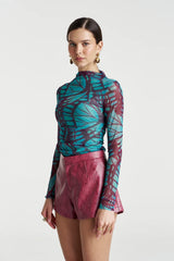 Mesh Long Sleeve Rouched Skivvy Jade Butterfly by Summi Summi – sheer ruched mesh top with signature butterfly print.