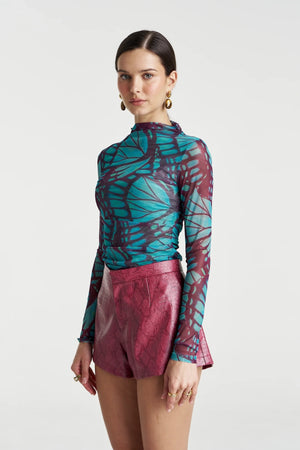 Mesh Long Sleeve Rouched Skivvy Jade Butterfly by Summi Summi – sheer ruched mesh top with signature butterfly print.