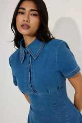 Cotton Mix Denim Collared Midi Dress Light Blue by Odd Muse, structured denim midi dress, perfect for chic day to evening styling