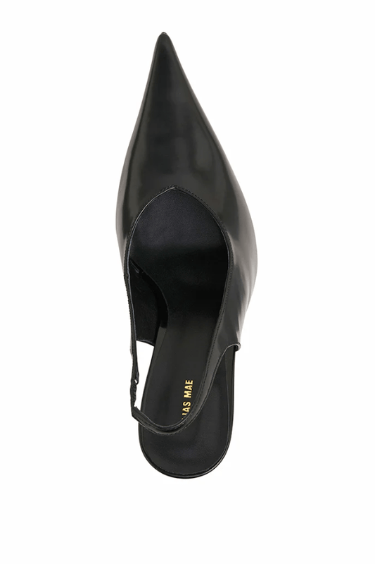 Lorna Black Box by Alias Mae, sleek leather slingback heels with pointed toe and 10.5cm heel, perfect for day to night wear with modern elegance.
