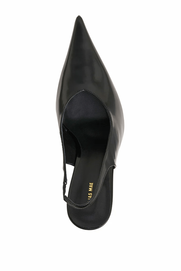 Lorna Black Box by Alias Mae, sleek leather slingback heels with pointed toe and 10.5cm heel, perfect for day to night wear with modern elegance.