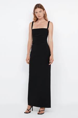 Leora Tuck Maxi Dress Black by Bec + Bridge – A sleek, figure-flattering maxi with delicate straps, waist tucks, and a chic side leg split. Perfect for elegant occasions.