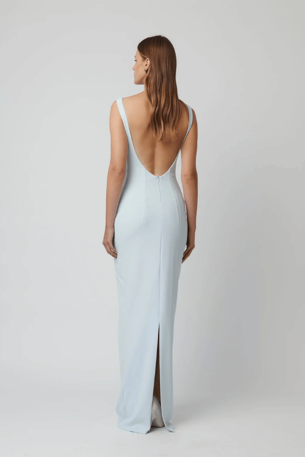 Verona Gown Ice Blue by Effie Kats – A minimalist '90s-inspired gown with a high neckline and sleek fit in luxe stretch crepe.