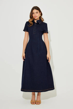 The Ultimate Muse Denim Collared Midi Dress Blue