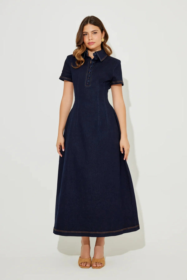 The Ultimate Muse Denim Collared Midi Dress Blue