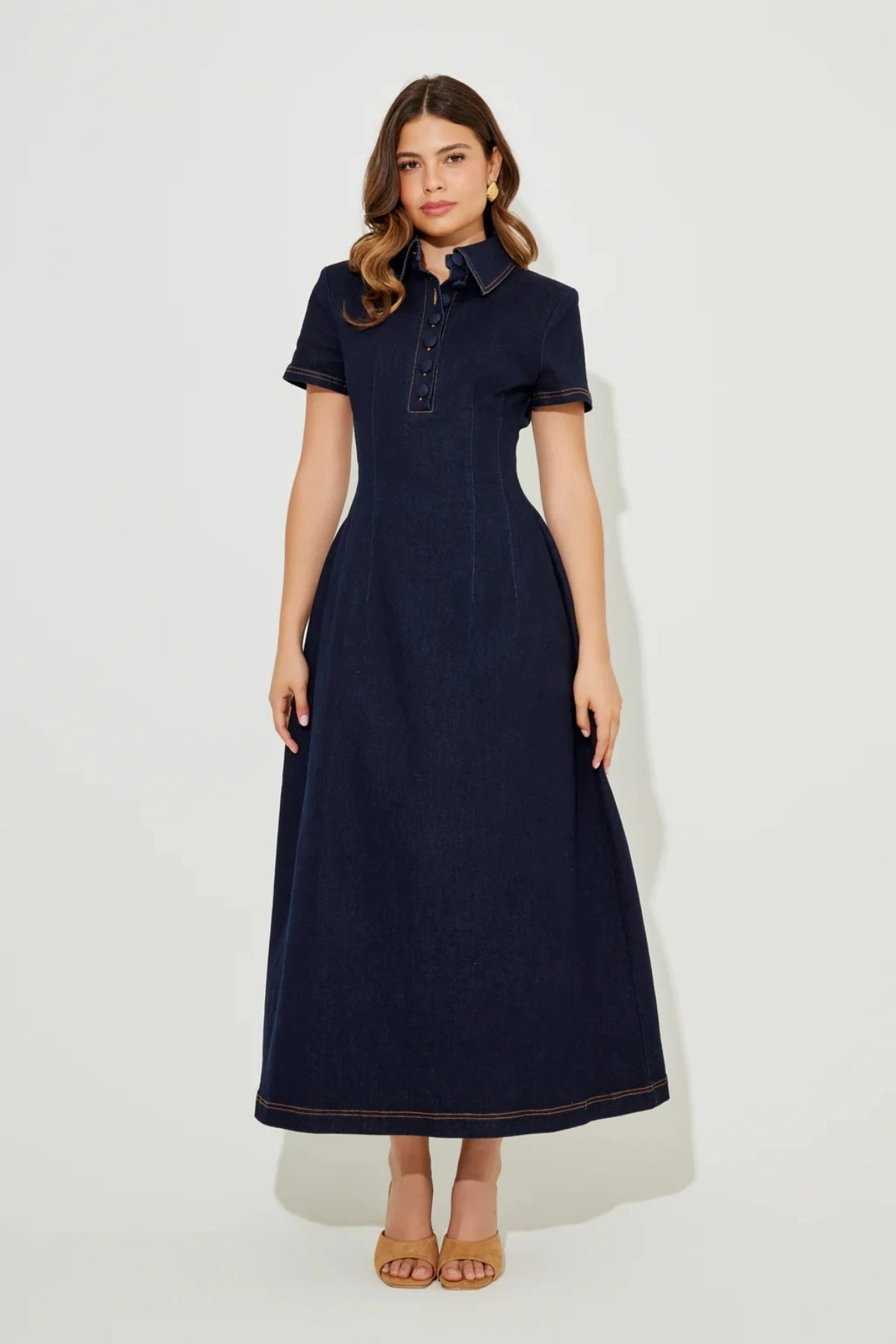 The Ultimate Muse Denim Collared Midi Dress Blue