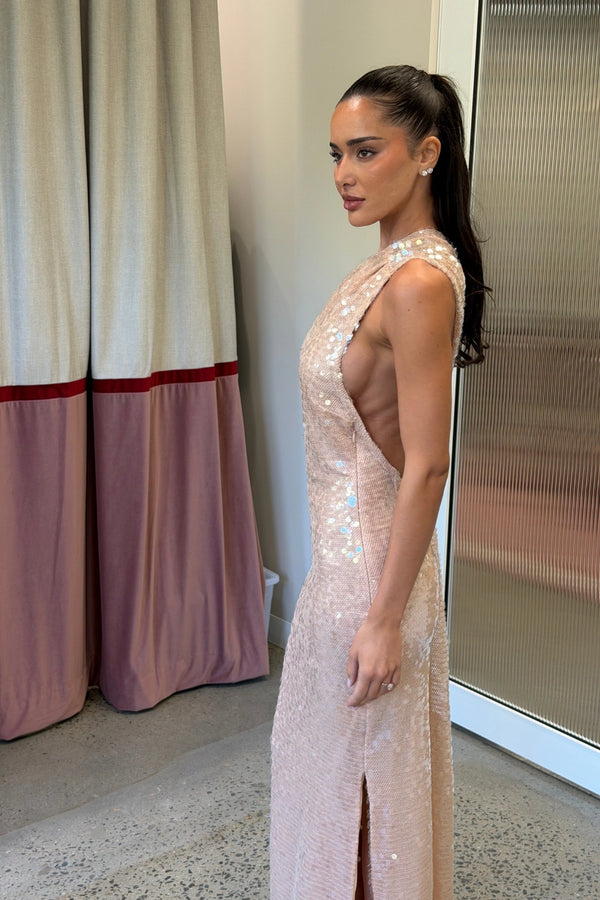 Nicolette Lace Sequin Dress Soft Pink by Misha, sequin halter dress with column fit, perfect for evening events and formal occasions