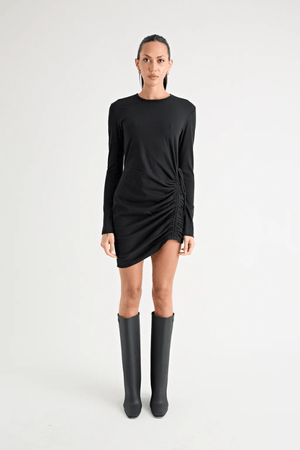 Rule Eight Dress Black by Pfeiffer – A trendy and versatile cotton mini dress with adjustable side ruching, crew neckline, and full sleeves. Perfect for stylish day-to-night wear.