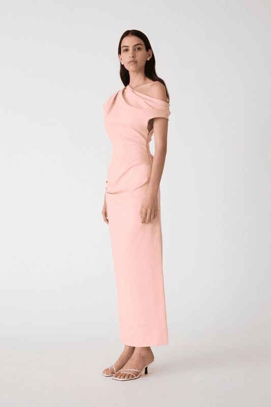 Gia Midi Dress Rose Quartz Pink by Misha – A structured sateen midi with asymmetric neckline and pleat detail, exuding refined modern glamour.