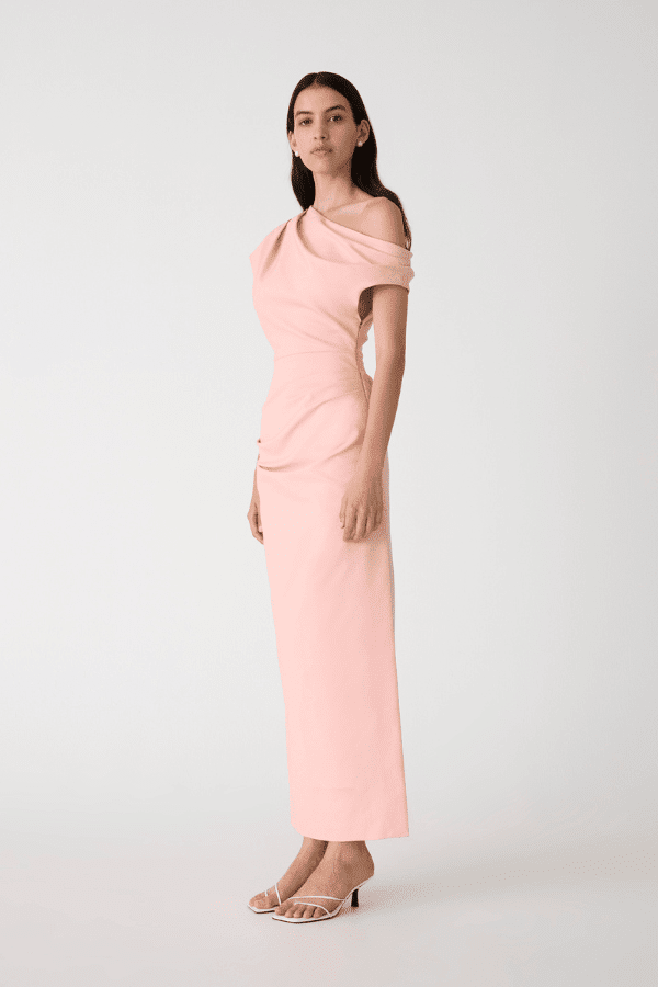 Gia Midi Dress Rose Quartz Pink by Misha – A structured sateen midi with asymmetric neckline and pleat detail, exuding refined modern glamour.