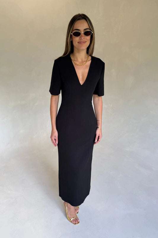 Bobbie Midi Dress Black by Sneaky Link, tailored midi dress with V neck, perfect for events or polished styling