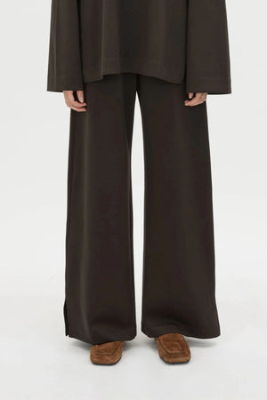 Bessette Pant in Espresso by Camilla and Marc, a tailored mid-rise lounge pant with hem splits for modern everyday polish.