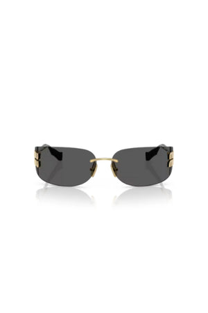 MU A51S Gold W/ Dark Grey by Miu Miu – rimless wraparound rectangle sunglasses with gold metal temples and dark grey logo lenses.

