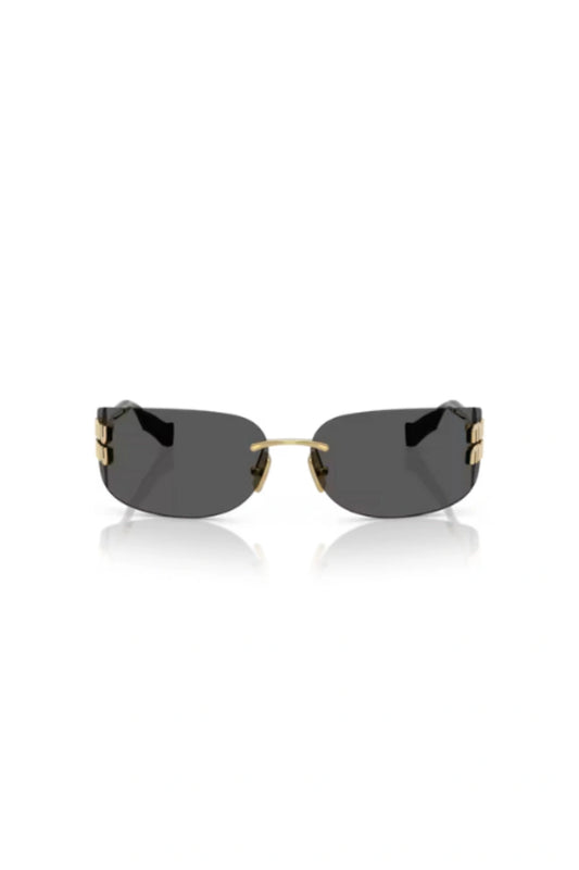 MU A51S Gold W/ Dark Grey by Miu Miu – rimless wraparound rectangle sunglasses with gold metal temples and dark grey logo lenses.
