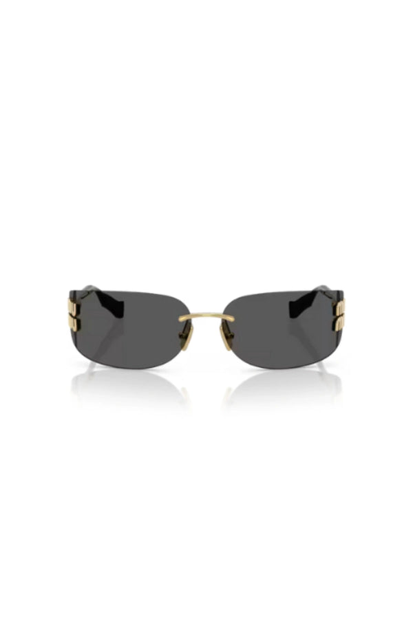 MU A51S Gold W/ Dark Grey by Miu Miu – rimless wraparound rectangle sunglasses with gold metal temples and dark grey logo lenses.
