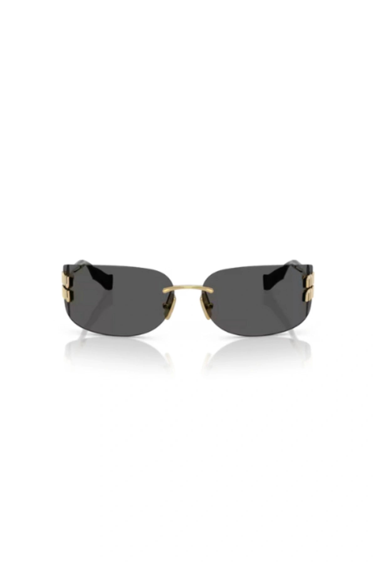 MU A51S Gold W/ Dark Grey by Miu Miu – rimless wraparound rectangle sunglasses with gold metal temples and dark grey logo lenses.
