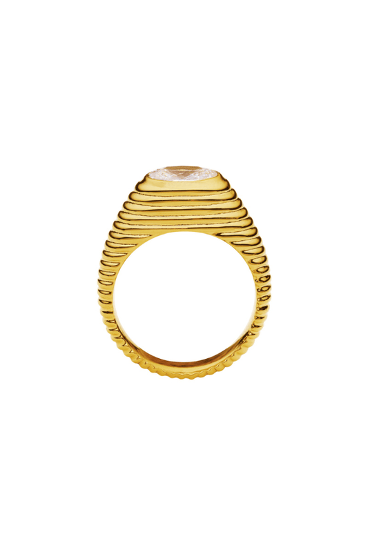 Birch Ring by Amber Sceats, 24K gold-plated with sparkling cubic zirconia, handcrafted in Italy for a classic, elegant look.