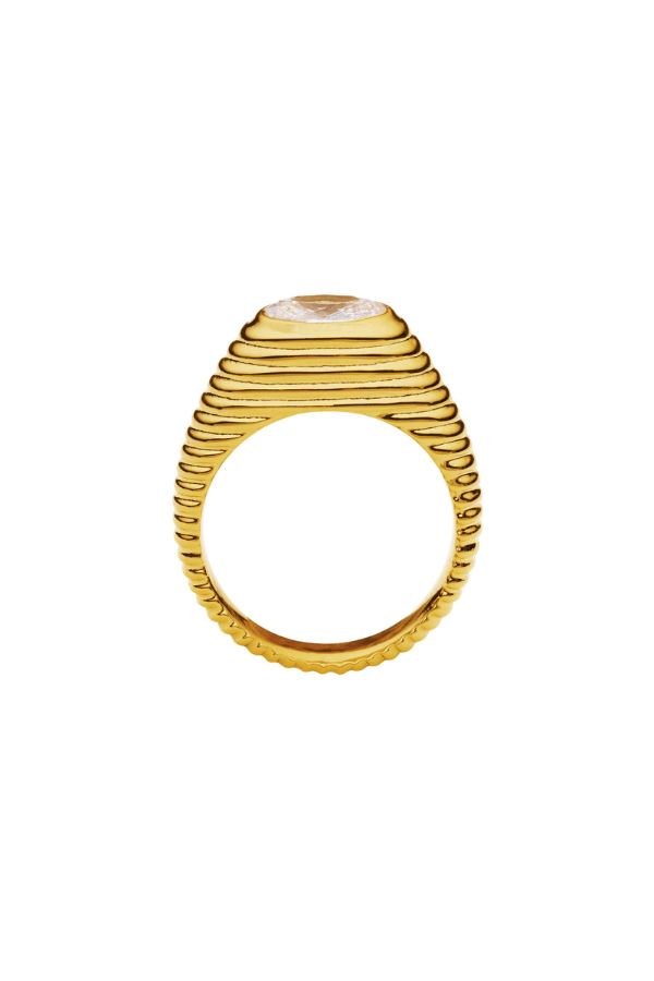 Birch Ring by Amber Sceats, 24K gold-plated with sparkling cubic zirconia, handcrafted in Italy for a classic, elegant look.