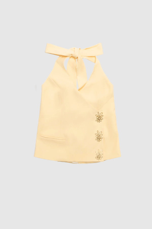 Inka Vest Top Aqua by The Wolf Gang, a halter crop with custom hardware and asymmetric closure. Perfect for sets or sleek solo styling.