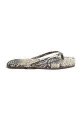 Tkees Square Toe Exotics Sandsnake sandal in soft washed denim with square toe and cushioned insole, handcrafted in Brazil.
