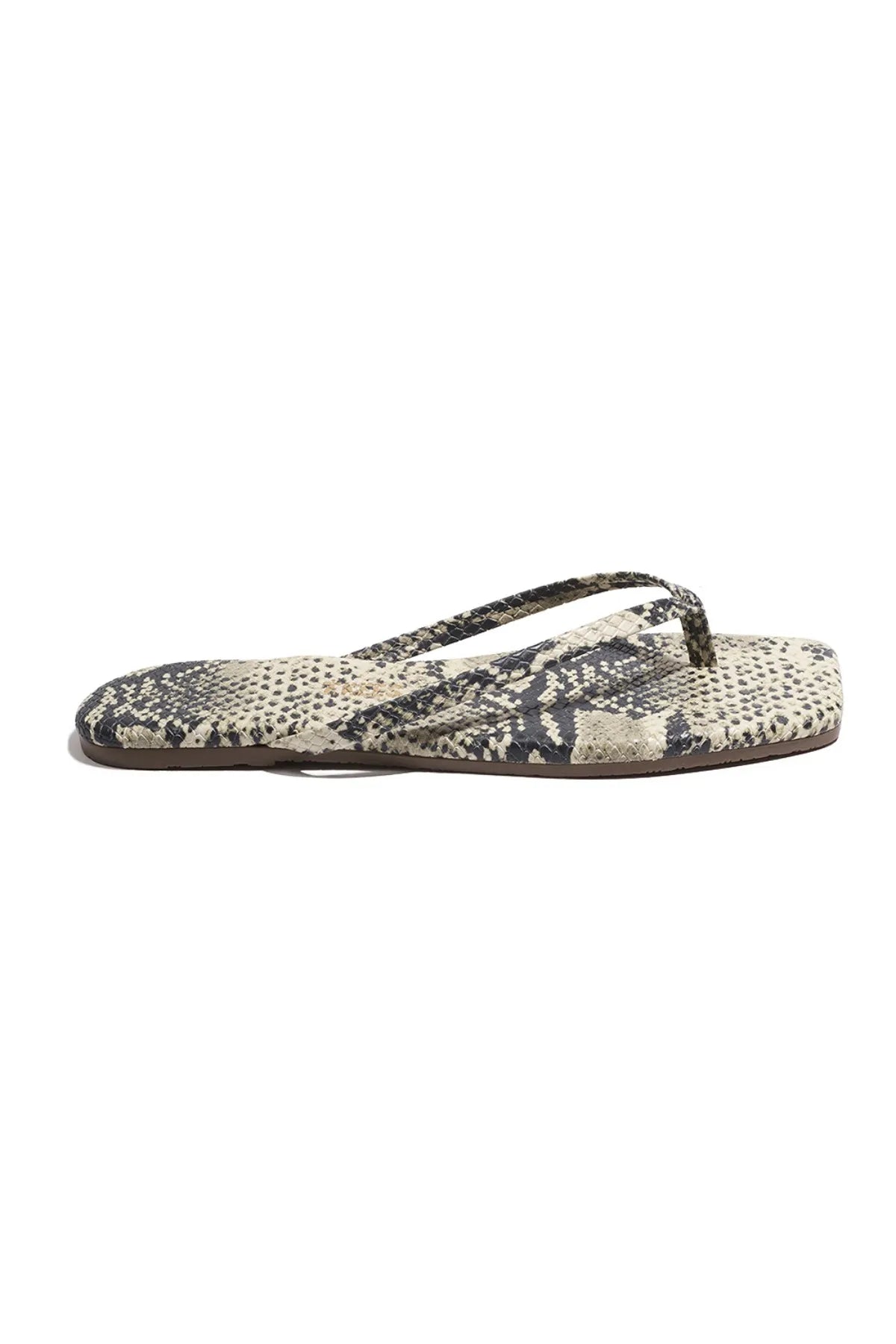 Tkees Square Toe Exotics Sandsnake sandal in soft washed denim with square toe and cushioned insole, handcrafted in Brazil.
