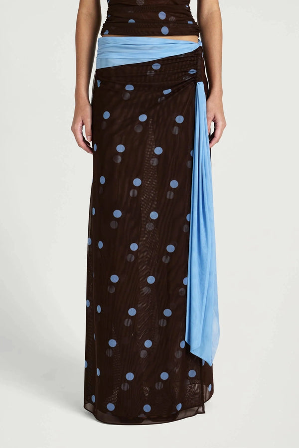 Tola Maxi Skirt Choc Blue Polka by Benni, sheer mesh maxi skirt, perfect for elevated evening or event styling