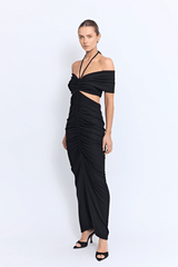 Angello Maxi Dress Black by Pfeiffer – A sleek off-shoulder maxi with cut-outs, front ruching, and an open back, perfect for formal evenings, special events, or statement celebrations.