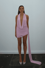 Tiffany Dress Baby Pink by DŽO – Trendy rhinestone-embellished sheer mesh mini with draped cowl neckline, ruched skirt, and dramatic side train, perfect for glamorous evening occasions.