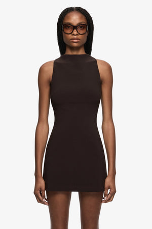 Gemma Racer Mini Dress Espresso by Bec + Bridge, fitted racer neck mini dress, perfect for cocktail events