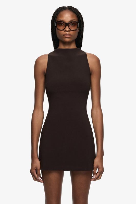 Gemma Racer Mini Dress Espresso by Bec + Bridge, fitted racer neck mini dress, perfect for cocktail events