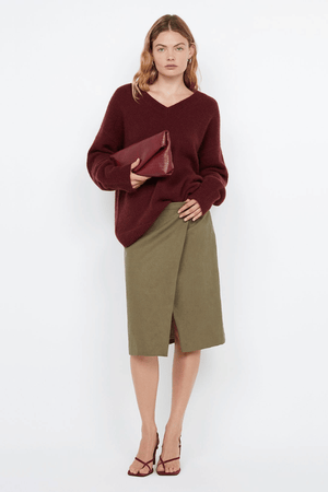 Campbell V Neck Jumper Plum by Bec + Bridge – Soft mohair blend knit with a flattering V neckline, ribbed collar and cuffs. Relaxed fit with dropped shoulders and pull-on style. Cold hand wash.