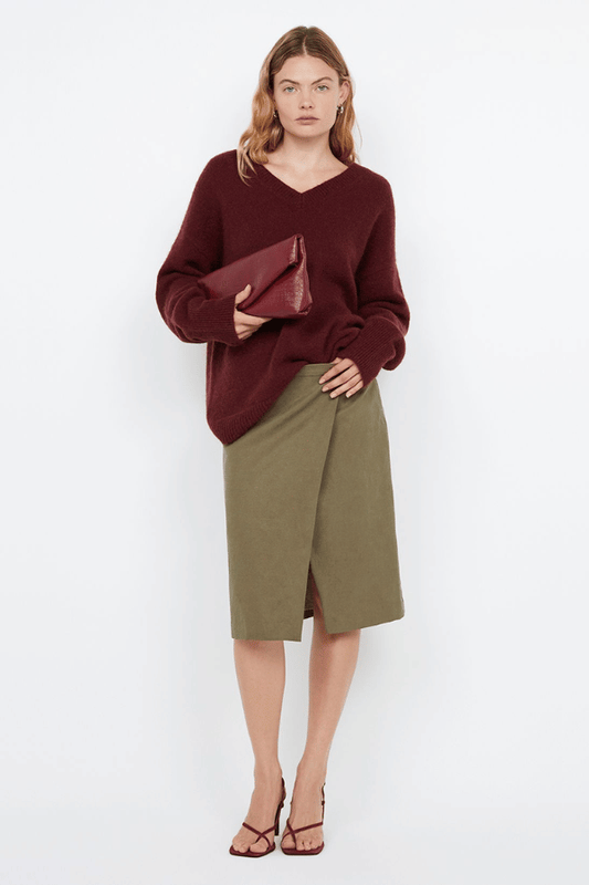 Campbell V Neck Jumper Plum by Bec + Bridge – Soft mohair blend knit with a flattering V neckline, ribbed collar and cuffs. Relaxed fit with dropped shoulders and pull-on style. Cold hand wash.