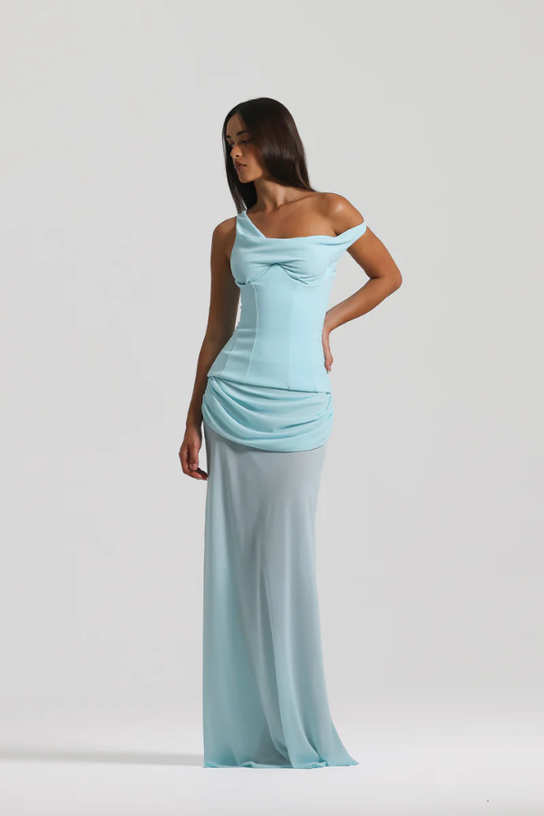 Cadence Dress Baby Blue by Natalie Rolt – Romantic off-shoulder silhouette with a removable corset and draped georgette skirt for fluid elegance.