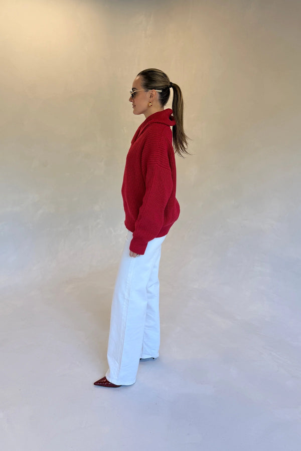 Olsen Drape Neck Knit Sweater Red by Sneaky Link, soft draped knit sweater, perfect for chic winter layering