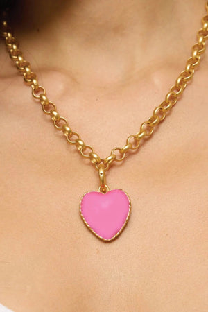 Hot Hearts Necklace by Emma Pills, a candy pink enamel heart pendant on adjustable gold-plated chain for bold, playful styling.