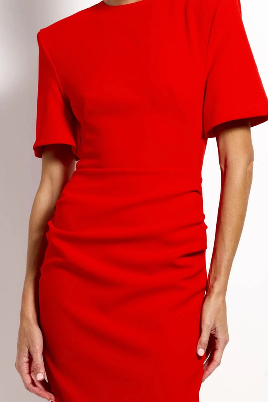 Evie Midi Cherry Red by Effie Kats, ruched stretch crepe midi dress, perfect for elegant evening styling