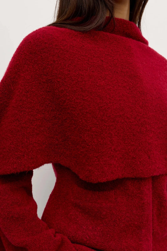 Cape Scarf Red by Bayse – sculptural wool blend knit cape scarf for elevated cold weather layering.