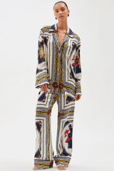 Dora Pants Multi Scarf by Ronny Kobo, trendy jacquard pants with a bold multi-scarf print, perfect for chic day or night looks with ease.