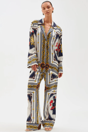 Dora Pants Multi Scarf by Ronny Kobo, trendy jacquard pants with a bold multi-scarf print, perfect for chic day or night looks with ease.