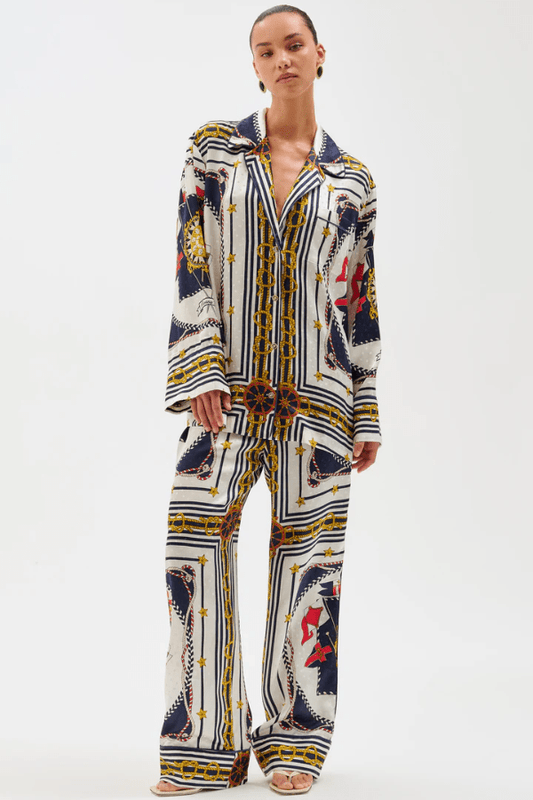 Dora Pants Multi Scarf by Ronny Kobo, trendy jacquard pants with a bold multi-scarf print, perfect for chic day or night looks with ease.